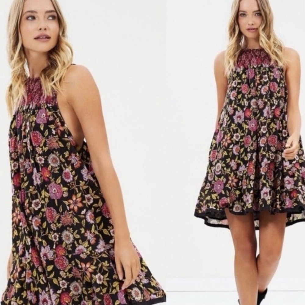 Free People Oh Baby Dress Black Pink Floral High Neck Babydoll Pockets Sz S